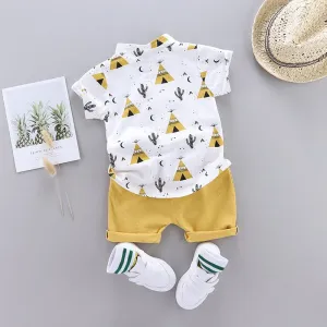 2pcs Toddler Boy Casual Pyramid Cactus Print Shirt and Shorts Set