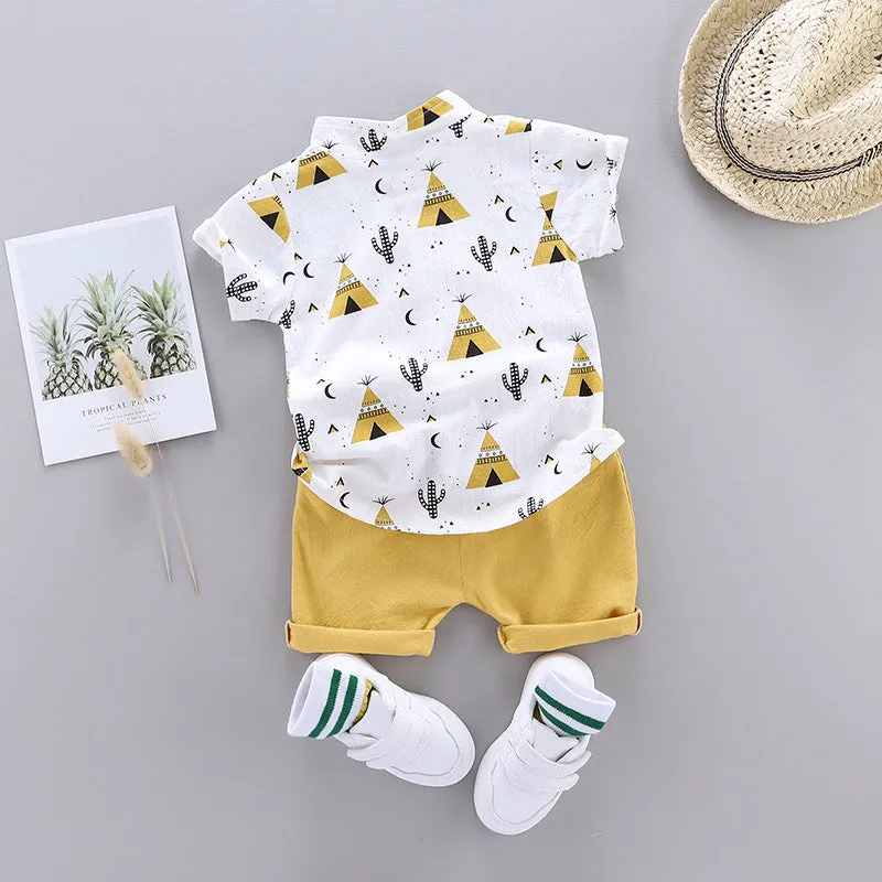 2pcs Toddler Boy Casual Pyramid Cactus Print Shirt and Shorts Set