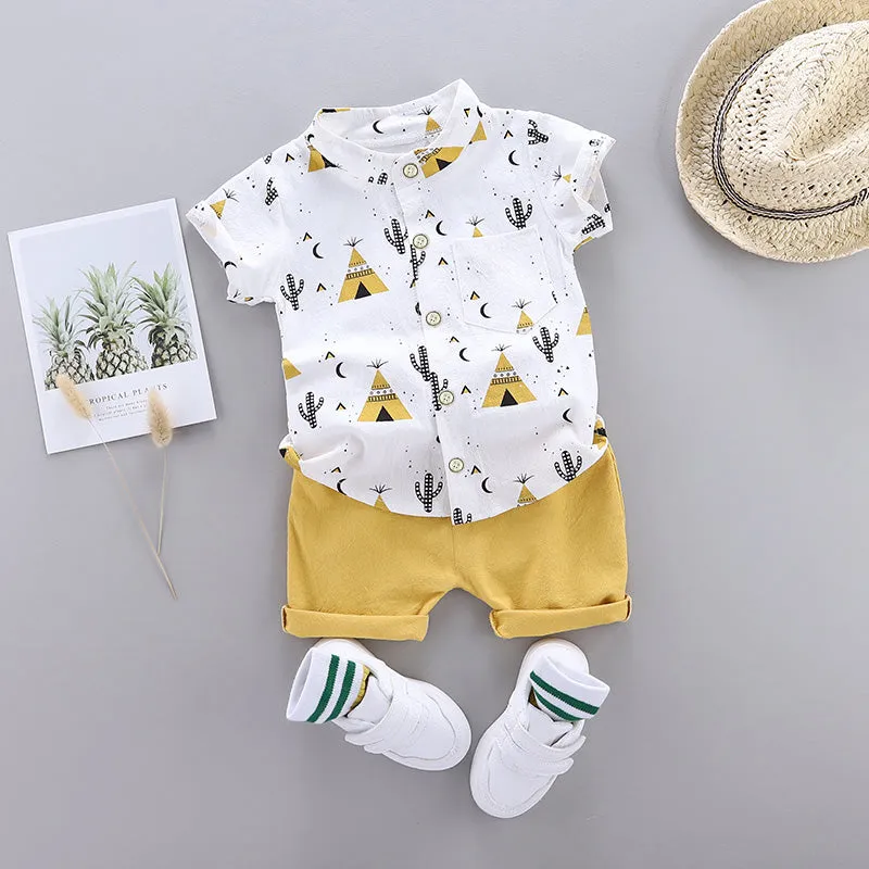 2pcs Toddler Boy Casual Pyramid Cactus Print Shirt and Shorts Set