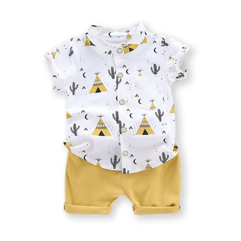 2pcs Toddler Boy Casual Pyramid Cactus Print Shirt and Shorts Set