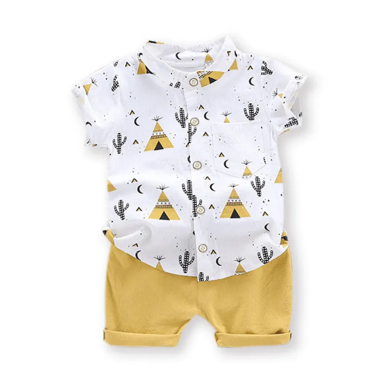 2pcs Toddler Boy Casual Pyramid Cactus Print Shirt and Shorts Set