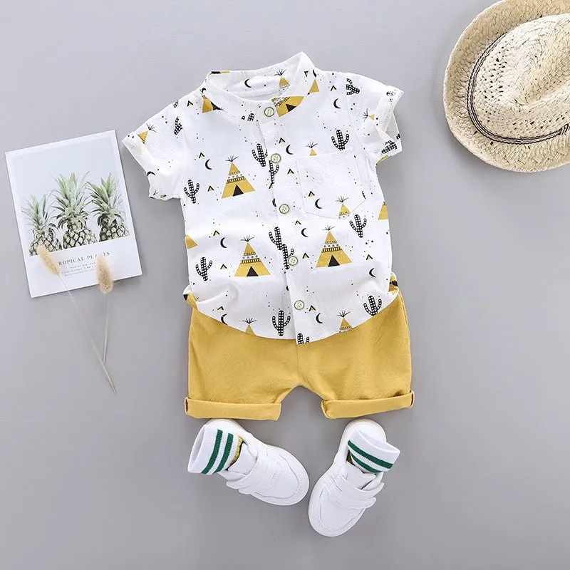 2pcs Toddler Boy Casual Pyramid Cactus Print Shirt and Shorts Set