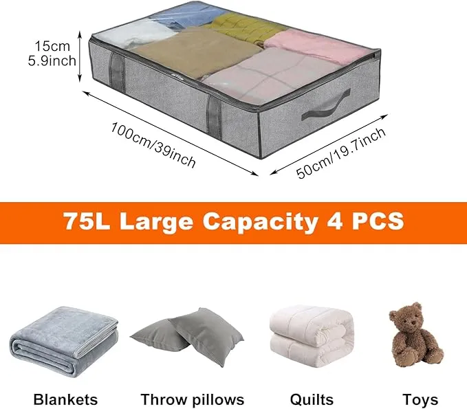 4 Pcs Underbed Storage Boxes with Lids, 75L Large Foldable Underbed Storage Bags