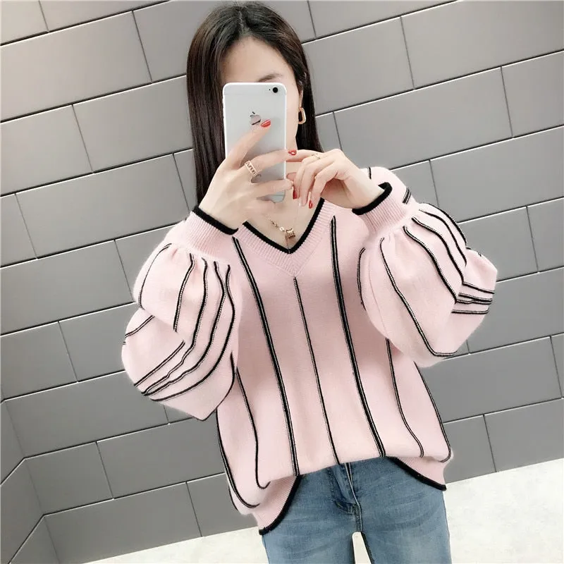 Autumn Winter New Knitted Sweater Women Loose wild V Neck Striped Pullover