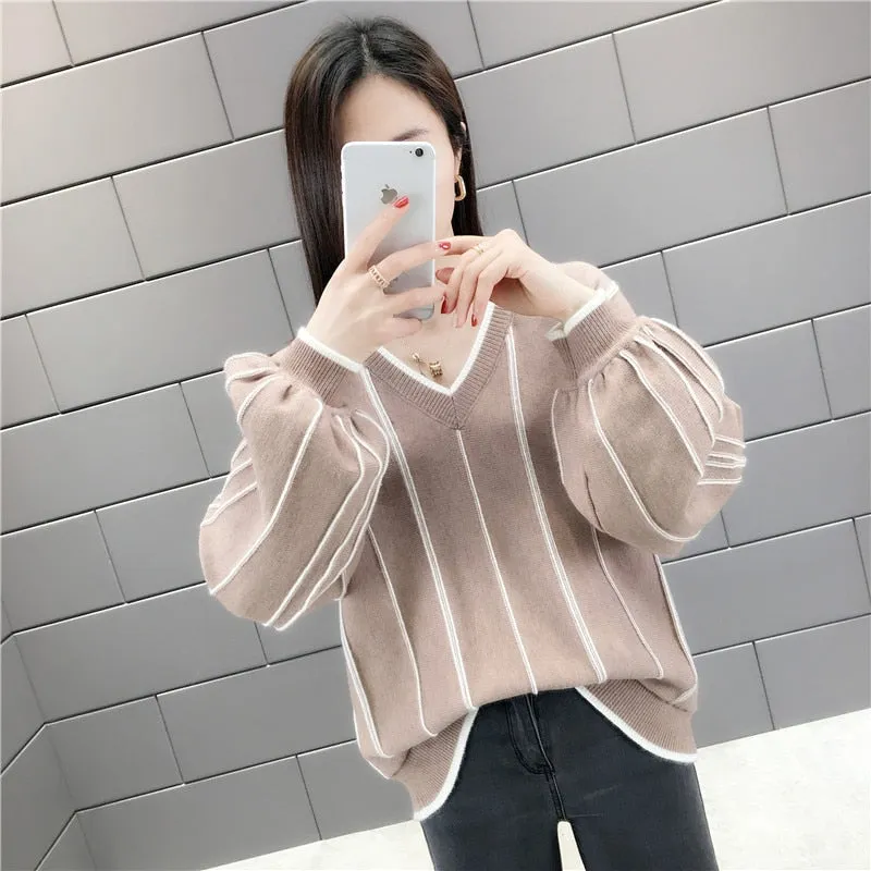 Autumn Winter New Knitted Sweater Women Loose wild V Neck Striped Pullover