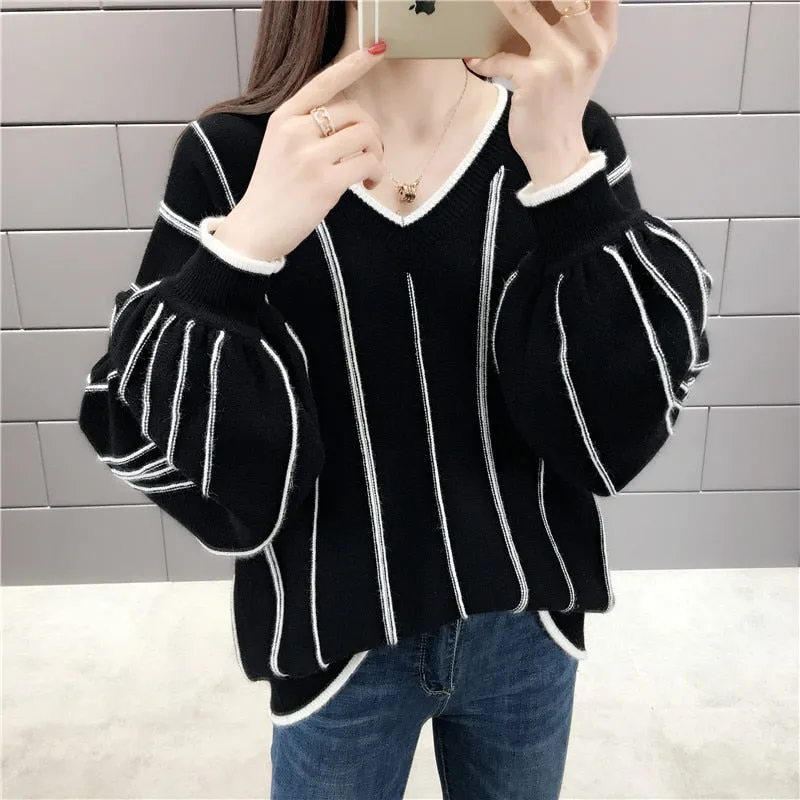 Autumn Winter New Knitted Sweater Women Loose wild V Neck Striped Pullover