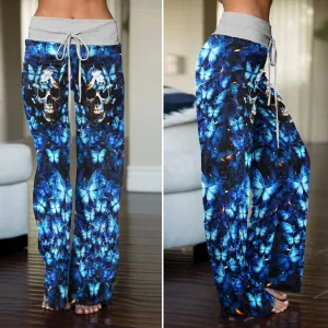 Blue Skull Butterfly Women's High-waisted Wide Leg Pants