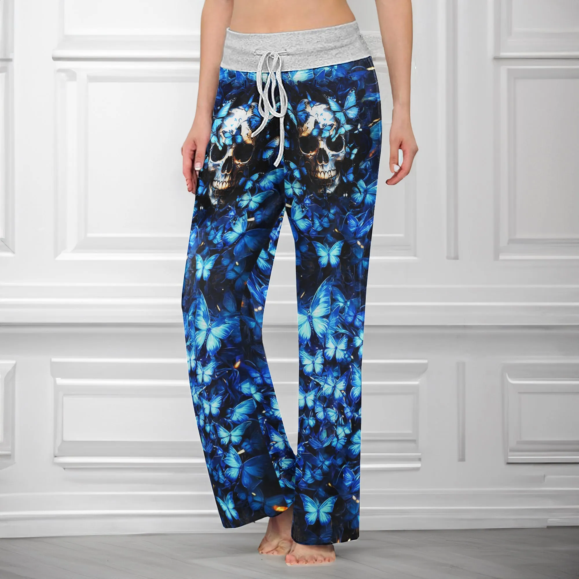 Blue Skull Butterfly Women's High-waisted Wide Leg Pants