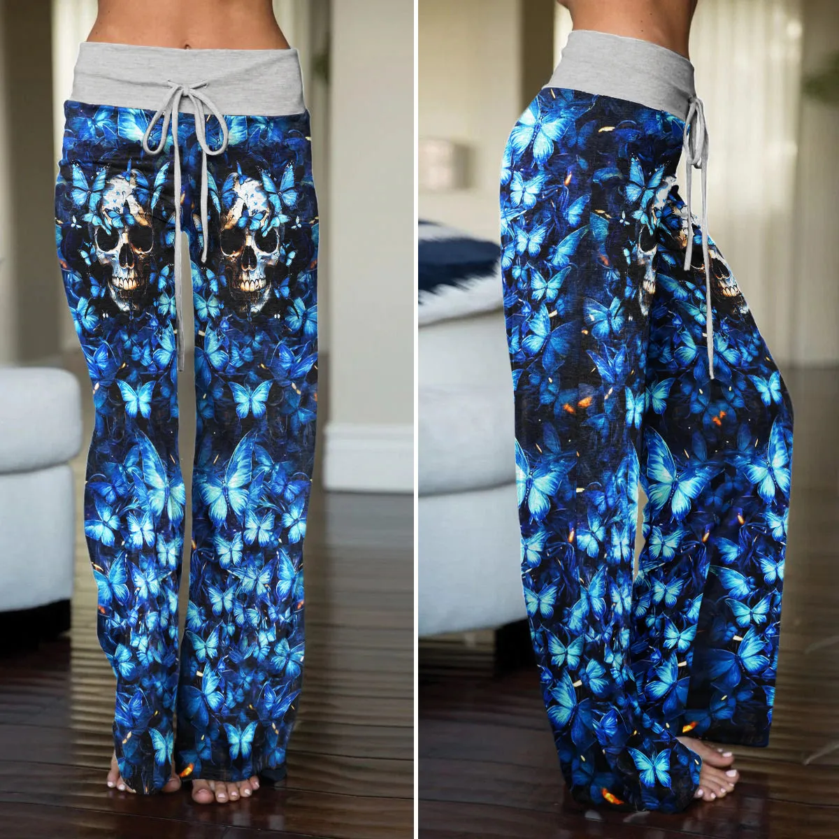 Blue Skull Butterfly Women's High-waisted Wide Leg Pants