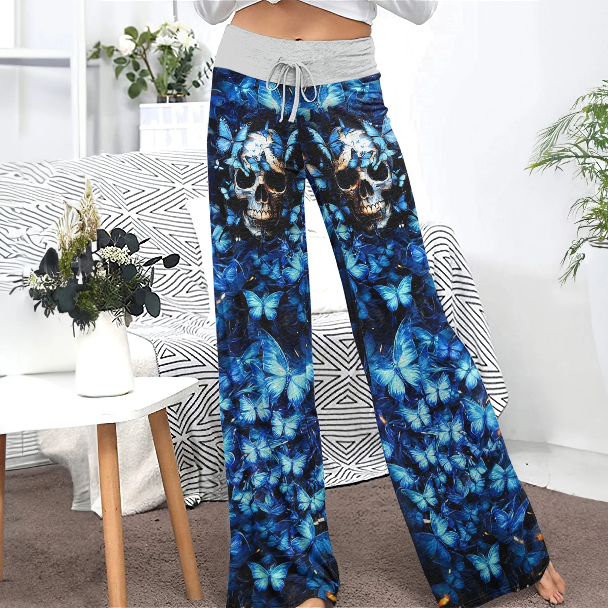 Blue Skull Butterfly Women's High-waisted Wide Leg Pants