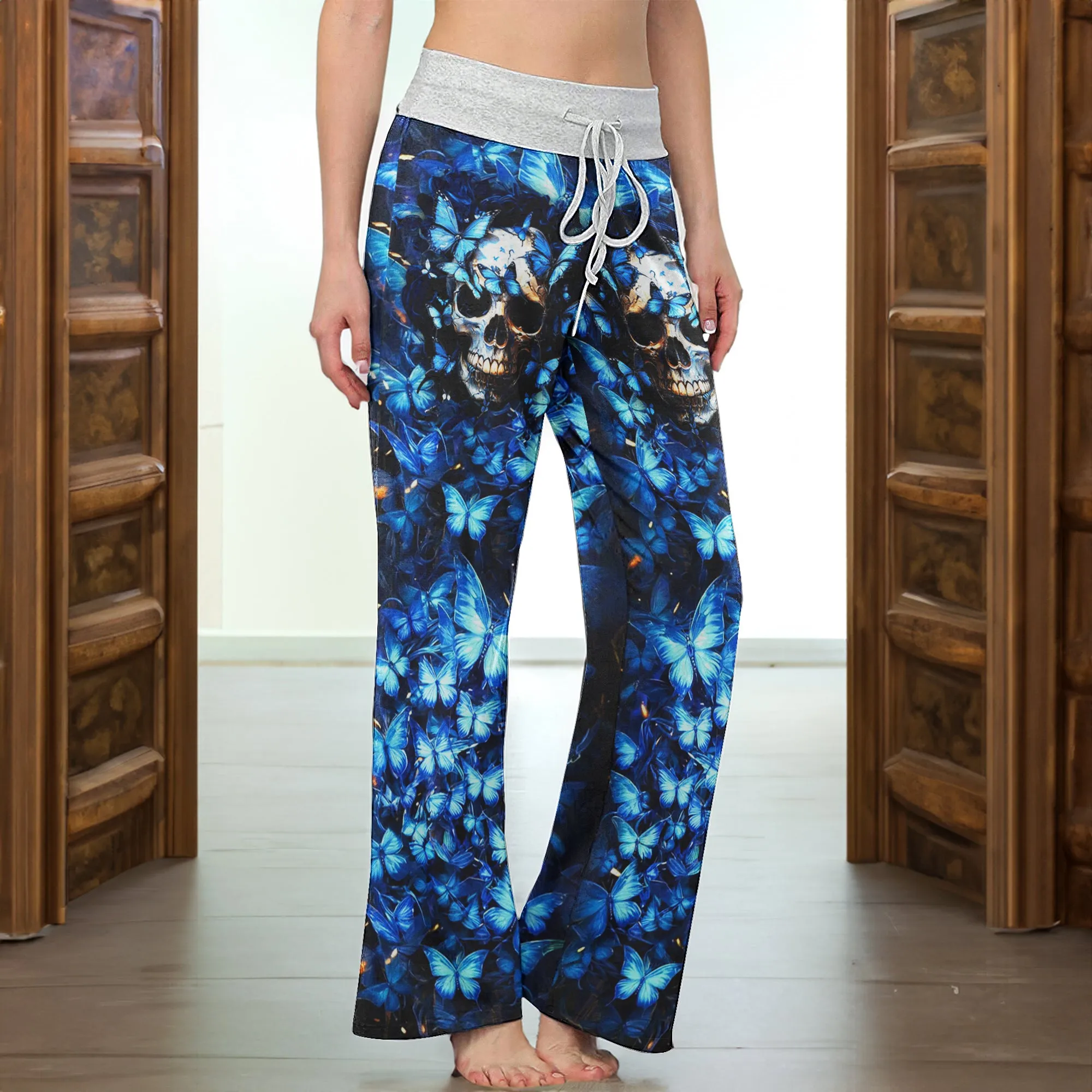Blue Skull Butterfly Women's High-waisted Wide Leg Pants