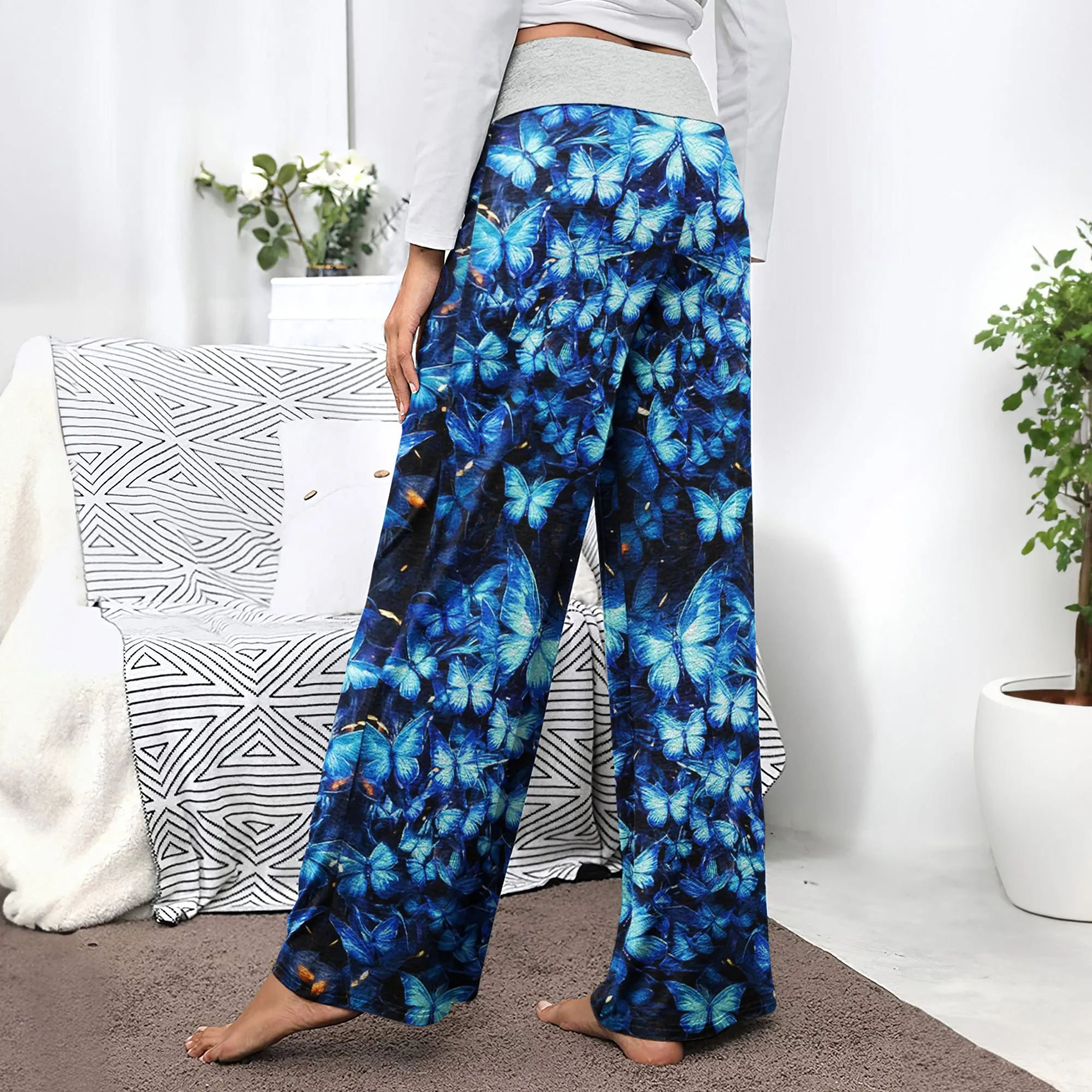 Blue Skull Butterfly Women's High-waisted Wide Leg Pants