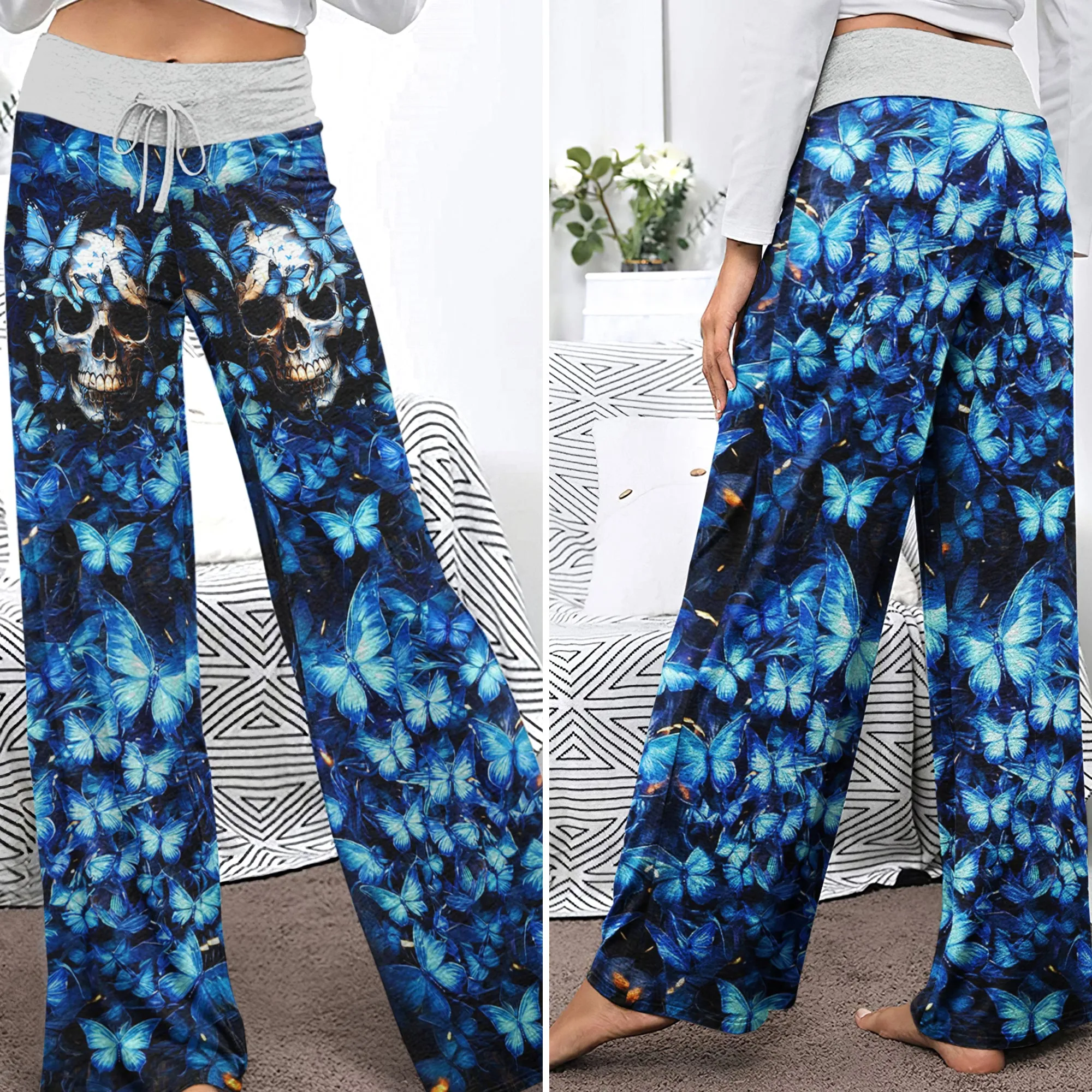 Blue Skull Butterfly Women's High-waisted Wide Leg Pants