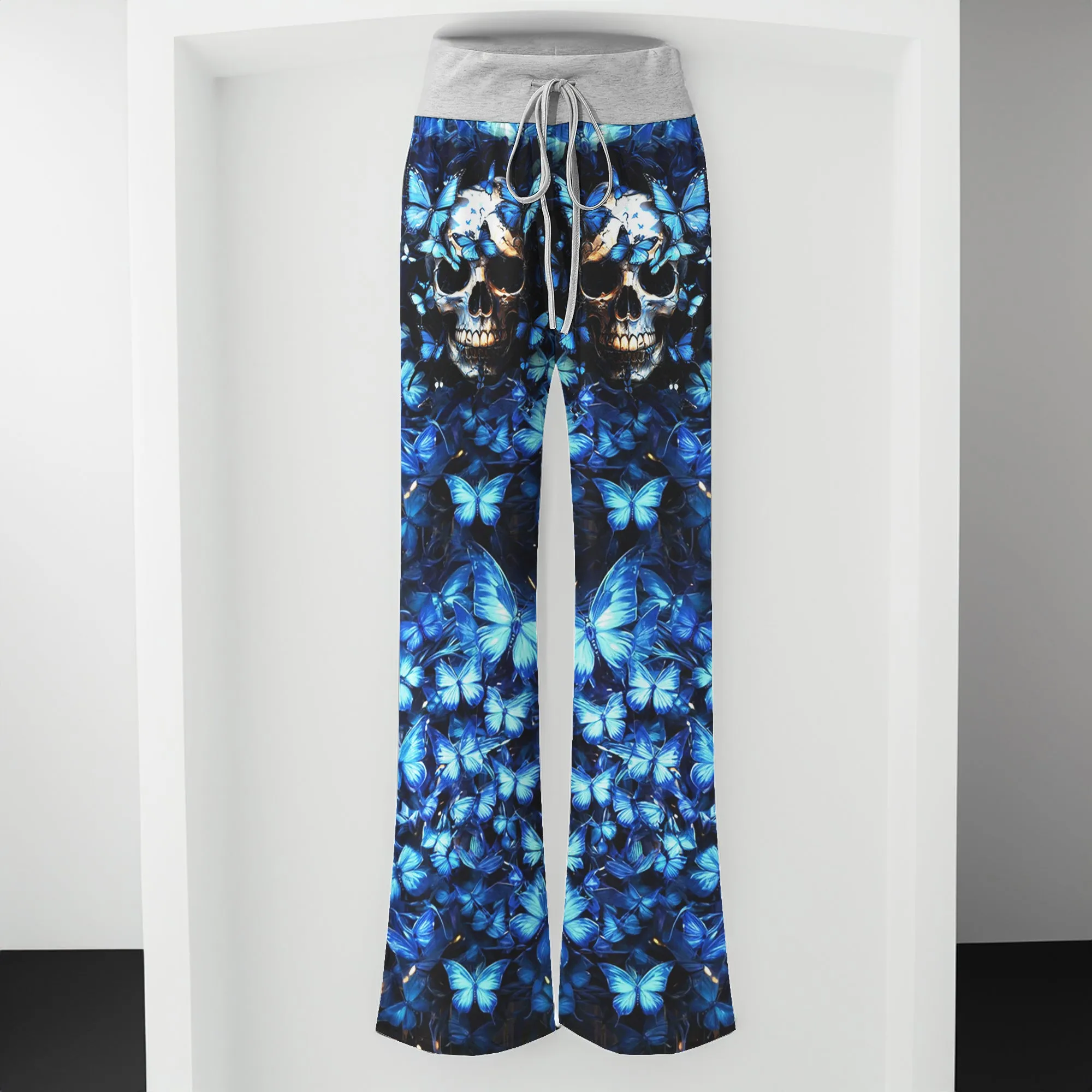 Blue Skull Butterfly Women's High-waisted Wide Leg Pants