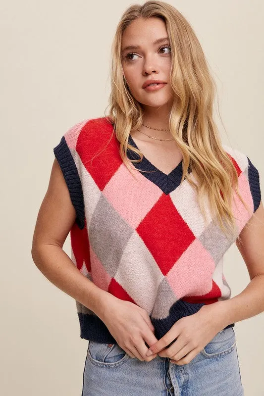 Bohemian Argyle Cropped Knit Sweater Vest