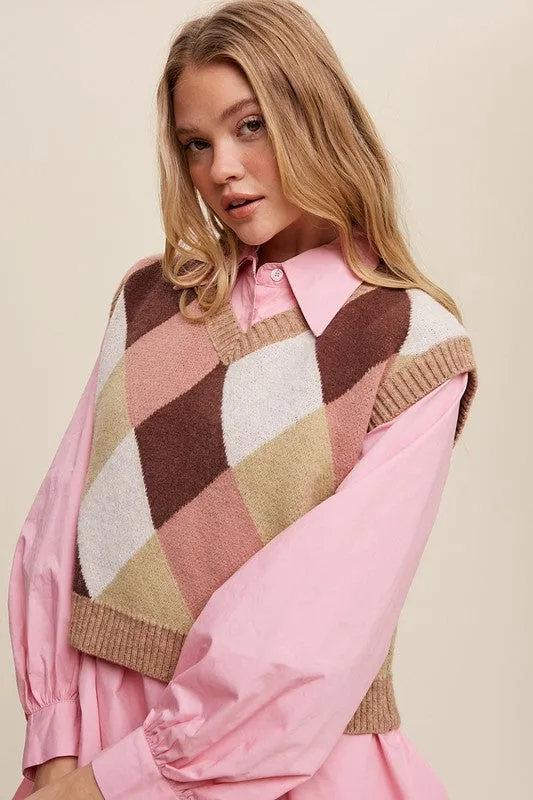 Bohemian Argyle Cropped Knit Sweater Vest