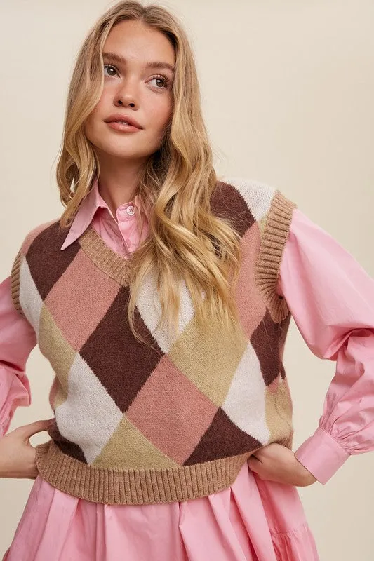 Bohemian Argyle Cropped Knit Sweater Vest
