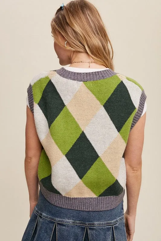 Bohemian Argyle Cropped Knit Sweater Vest