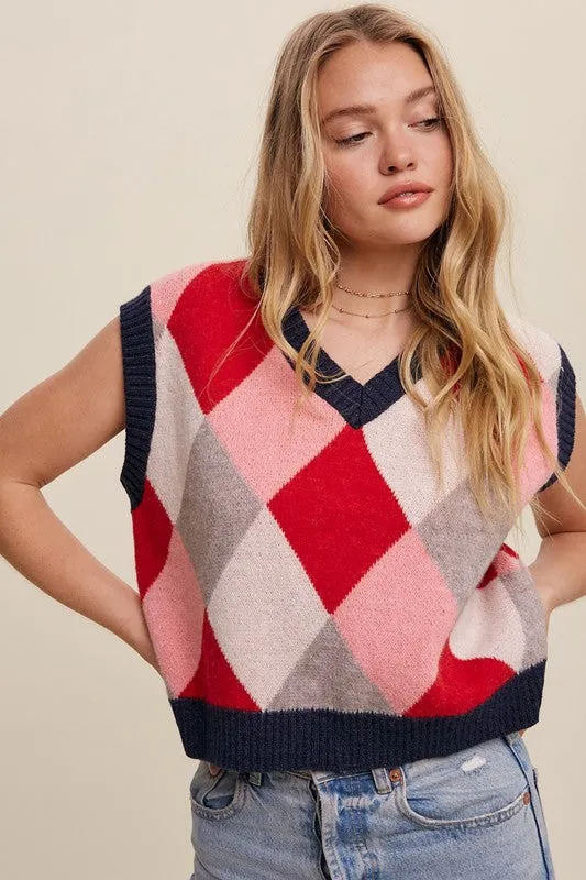 Bohemian Argyle Cropped Knit Sweater Vest
