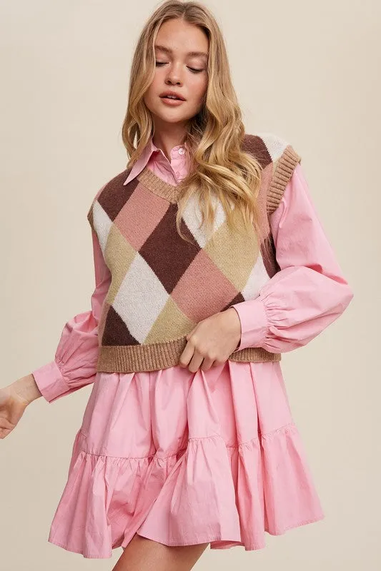 Bohemian Argyle Cropped Knit Sweater Vest