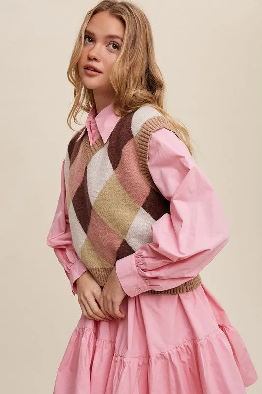 Bohemian Argyle Cropped Knit Sweater Vest