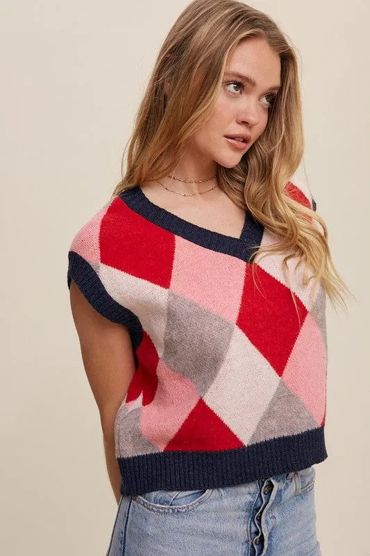 Bohemian Argyle Cropped Knit Sweater Vest