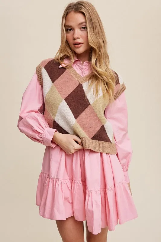 Bohemian Argyle Cropped Knit Sweater Vest