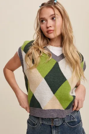 Bohemian Argyle Cropped Knit Sweater Vest