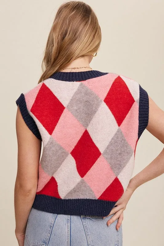Bohemian Argyle Cropped Knit Sweater Vest
