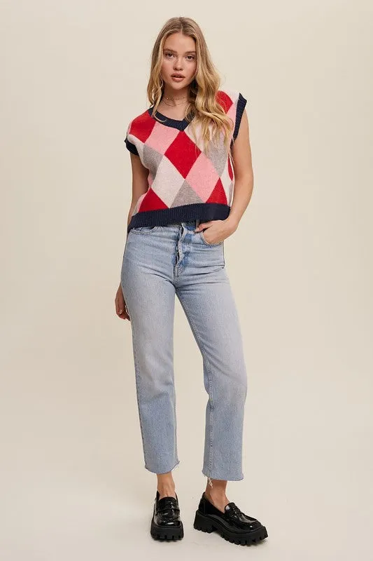 Bohemian Argyle Cropped Knit Sweater Vest