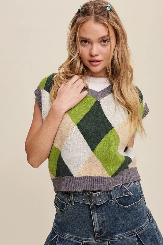 Bohemian Argyle Cropped Knit Sweater Vest