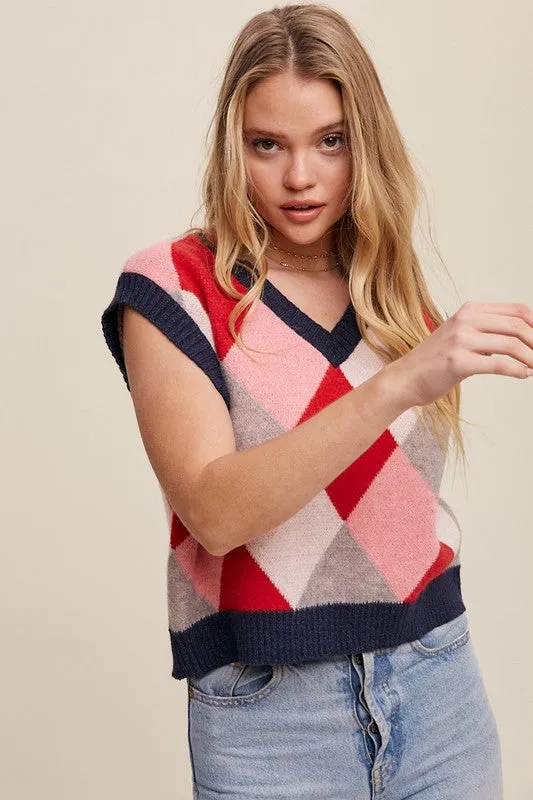 Bohemian Argyle Cropped Knit Sweater Vest