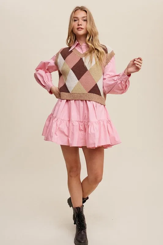 Bohemian Argyle Cropped Knit Sweater Vest