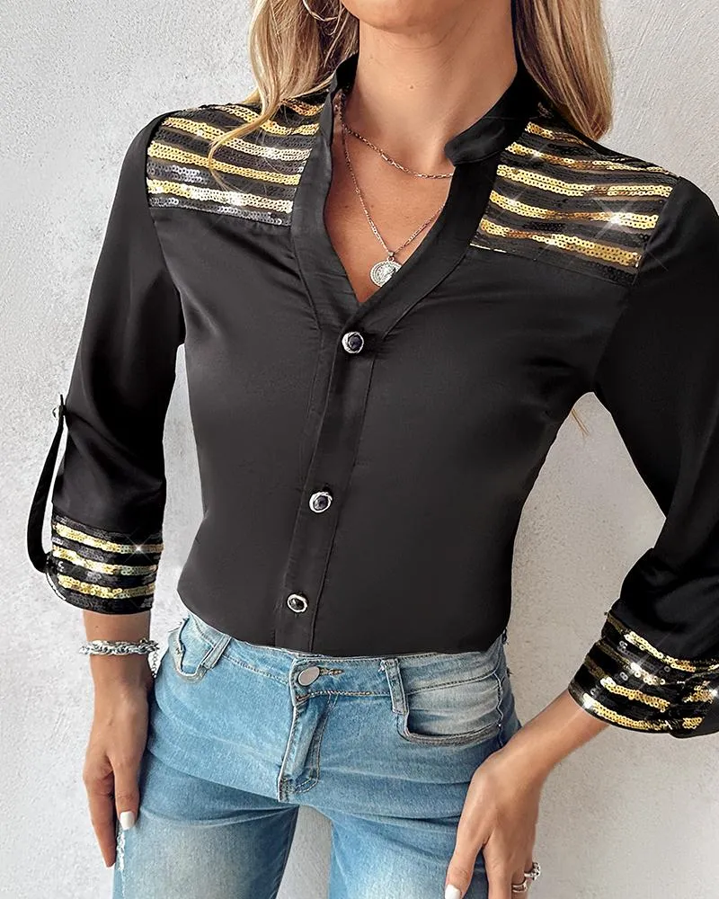 Contrast Sequin Buttoned Long Sleeve Top