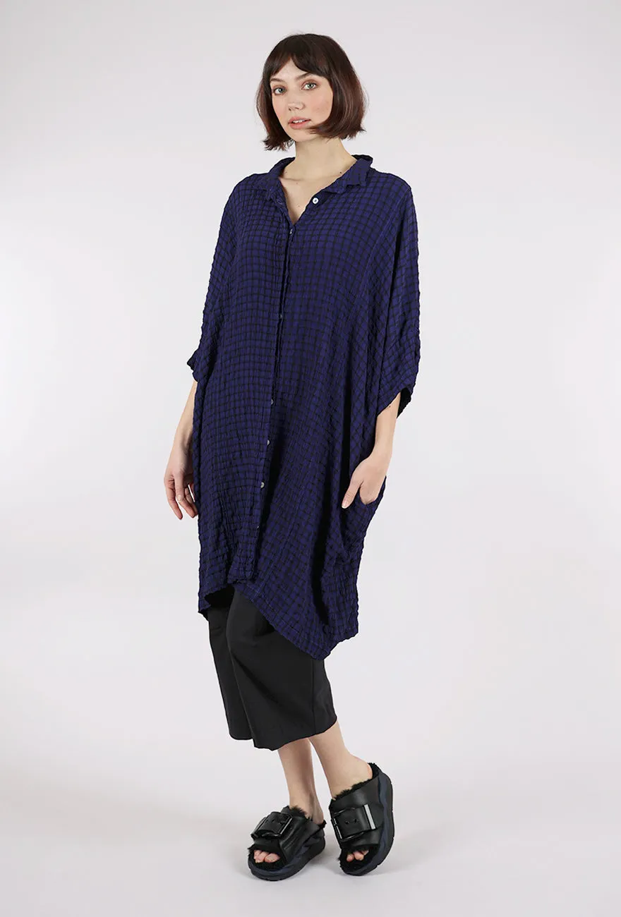Crinkle Plaid Kimono Shirt Dress, Admirality