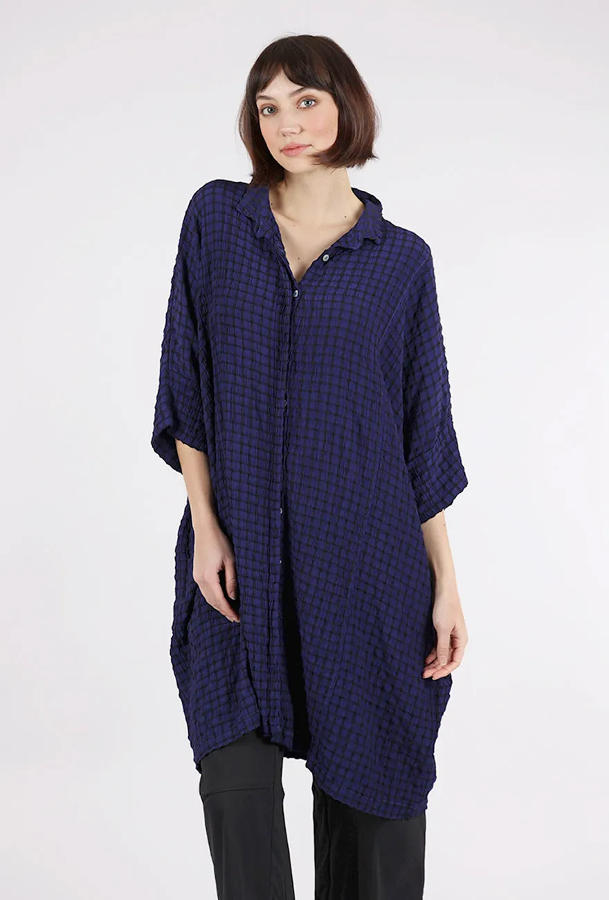 Crinkle Plaid Kimono Shirt Dress, Admirality