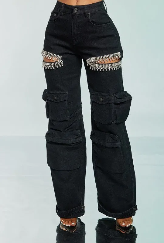 Denim Bling Cargo Pants Black