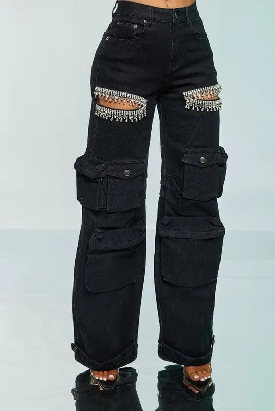 Denim Bling Cargo Pants Black