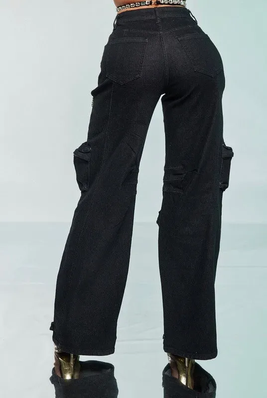 Denim Bling Cargo Pants Black