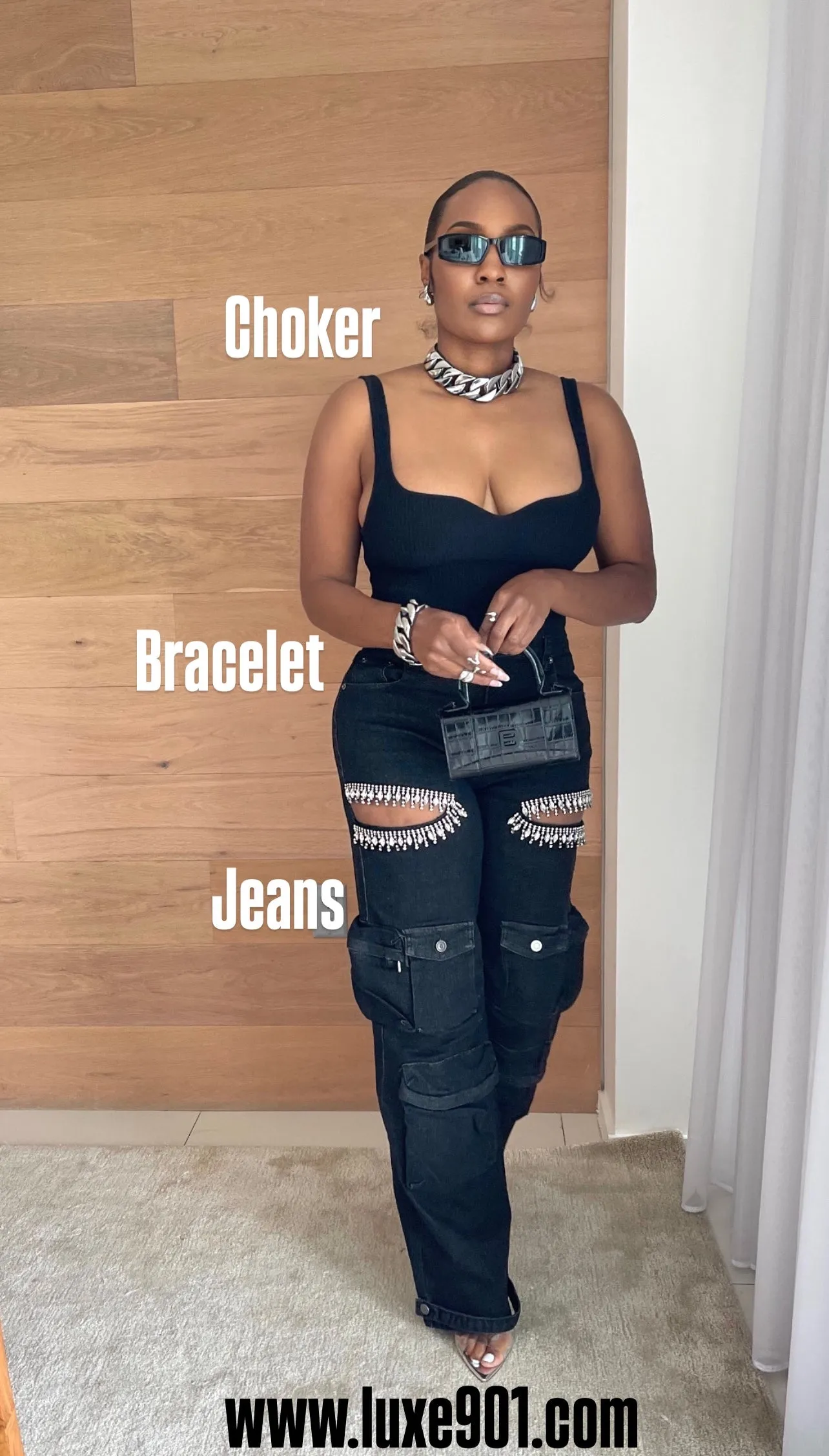 Denim Bling Cargo Pants Black
