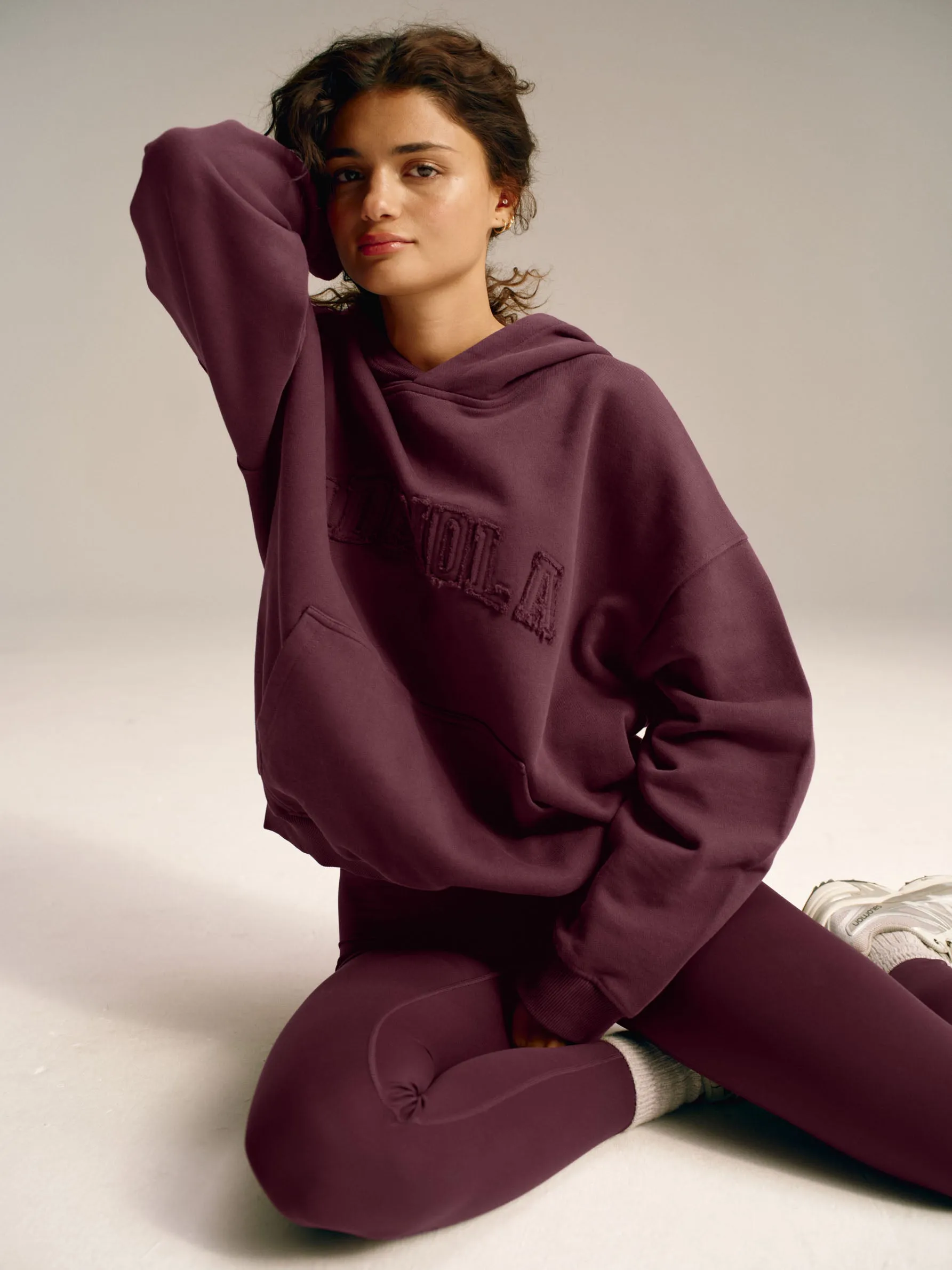 Distressed Varsity Oversized Hoodie - Dark Cherry