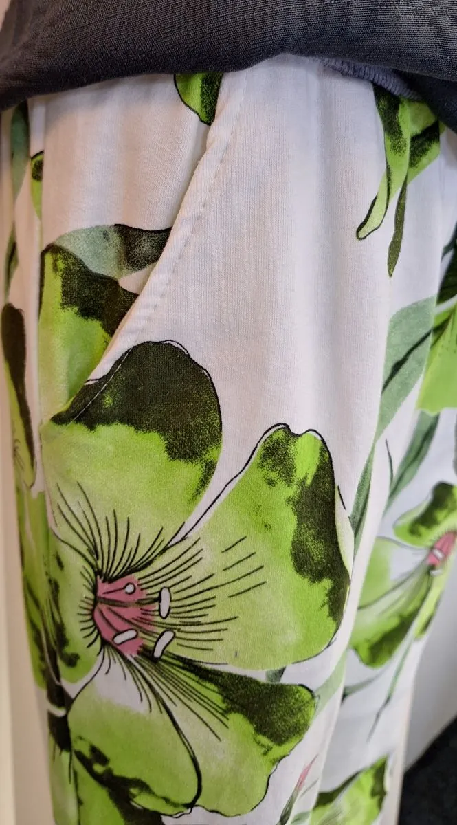 Italian Stretch Pants - White with Green Flowers