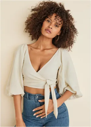 Linen Wrap Top - Cream