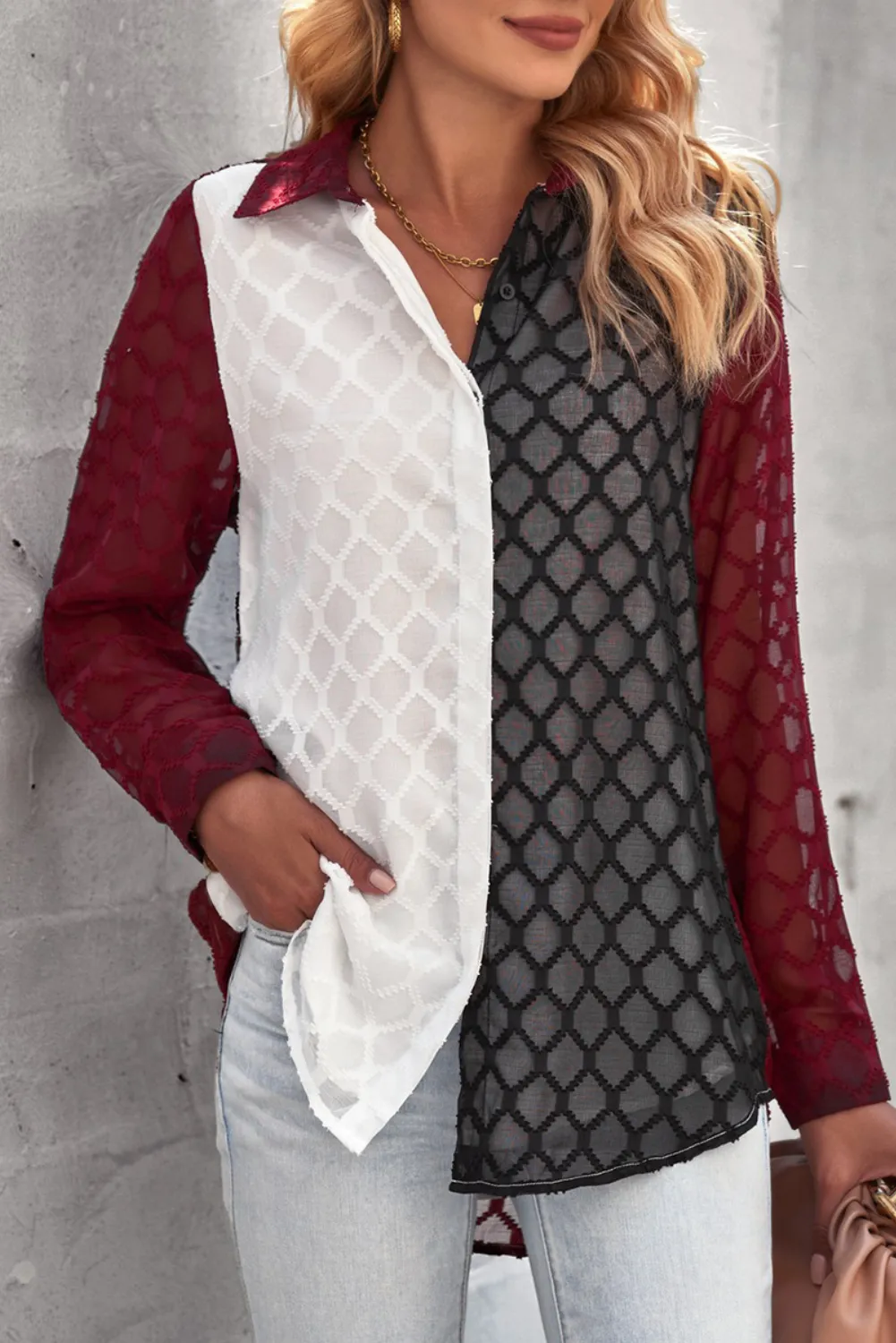 'Mabeline' Curved Hem Button-Up Long Sleeve Shirt (3 Colors)
