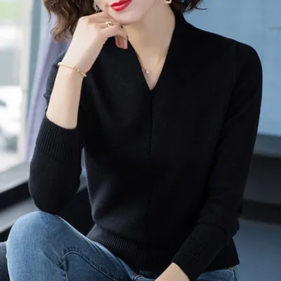 New Winter Fall Sweater Knitted V-Neck Casual Pullover Women Long Sleeve Female Clothes Womens Sweater Pullover Jumpers Mujer