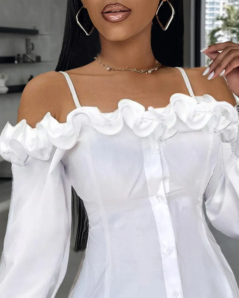 Ruffle Hem Buttoned Off Shoulder Top