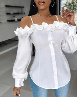 Ruffle Hem Buttoned Off Shoulder Top