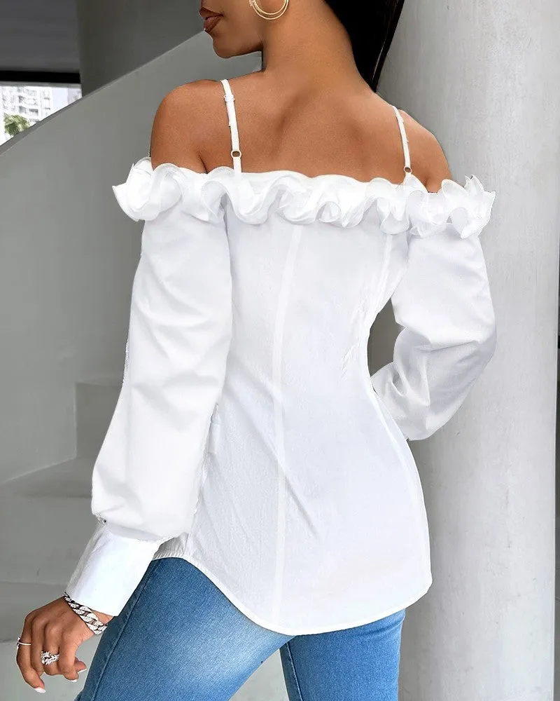 Ruffle Hem Buttoned Off Shoulder Top