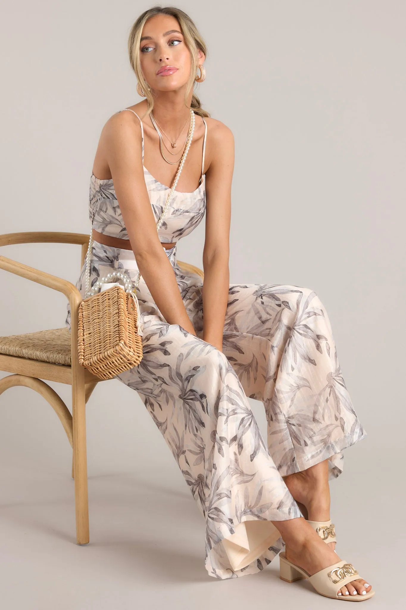 Sandy Toes Beige Tropical Print Belted Pants