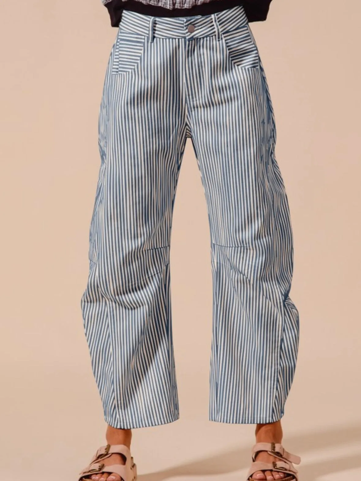 Striped blue and off white barrel seams pants